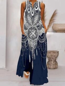 Women's Long Dress Maxi Dress Casual Dress Swing Dress Print Dress Feather Casual Romantic Holiday Vacation Beach Pocket Print Sleeveless V Neck Dress Loose Fit White Navy Blue Light Sky Blue Spring