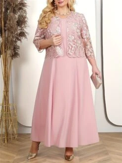 Women's Plus Size Curve Two Piece Dress Set Party Dress Lace Dress Party Wedding Guest Fashion Elegant Lace Embroidered Long Dress Maxi Dress Crew Neck 3/4 Length Sleeve Plain Pink Blue Spring