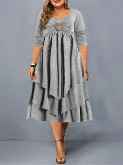 Women‘s Plus Size Curve Flattering Dresses Apple Shaped Dress Wedding Guest Casual Dress Shift Dress Solid Color Midi Dress Long Sleeve Ruffle Pocket Crew Neck Basic Daily Pink Wine Fall Spring Dress