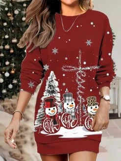 Women's Christmas Casual Dress Sweatshirt Dress Mini Dress Warm Fashion OutdoorVacation Crew Neck Print SnowmanTree Loose Fit Black Yellow Burgundy S M L XL XXL
