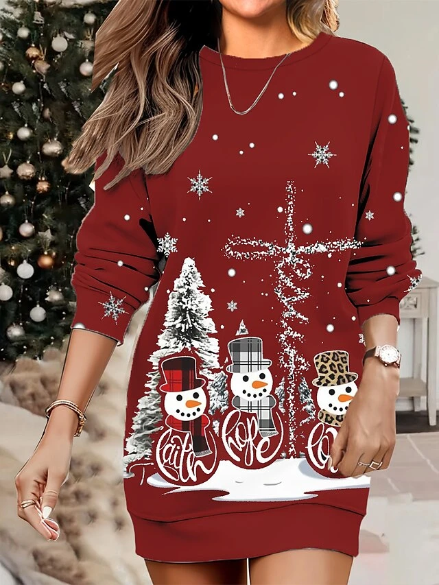 Women's Christmas Casual Dress Sweatshirt Dress Mini Dress Warm Fashion OutdoorVacation Crew Neck Print SnowmanTree Loose Fit Black Yellow Burgundy S M L XL XXL 1 Women's Christmas Casual Dress Sweatshirt Dress Mini Dress Warm Fashion OutdoorVacation Crew Neck Print SnowmanTree Loose Fit Black Yellow Burgundy S M L XL XXL