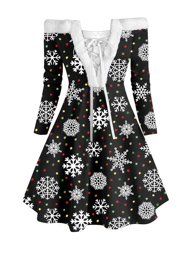 Women's Christmas Swing Dress Vintage Dress Mini Dress Green Blue Royal Blue Red White Black Long Sleeve Santa Claus Snowman Snowflake Feather Print Winter Fall Off Shoulder Stylish Elegant 1 Women's Christmas Swing Dress Vintage Dress Mini Dress Green Blue Royal Blue Red White Black Long Sleeve Santa Claus Snowman Snowflake Feather Print Winter Fall Off Shoulder Stylish Elegant
