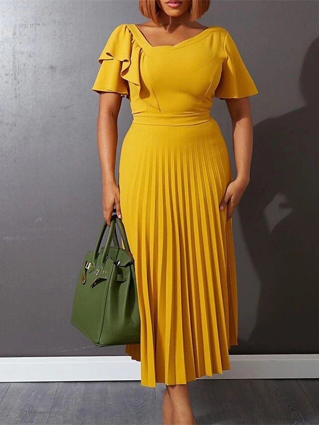 Women‘s Plus Size Curve Party Dress Solid Color V Neck Ruched Short Sleeve Fall Spring Work Prom Dress Maxi Long Dress Party Holiday Dress Ruffle 8 Women‘s Plus Size Curve Party Dress Solid Color V Neck Ruched Short Sleeve Fall Spring Work Prom Dress Maxi Long Dress Party Holiday Dress Ruffle - Image 8