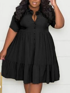 Women‘s Plus Size Curve Shirt Dress Solid Color Shirt Collar Ruffle Half Sleeve Spring Summer Casual Knee Length Dress Daily Holiday Dress -Casual Print Dress Sales fskacw1656491036029