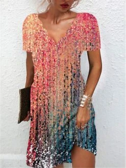 Women's Casual Dress Summer Dress Print Dress Ombre Print Scalloped Neck Mini Dress Active Fashion Outdoor Daily Short Sleeve Regular Fit Rainbow Summer Spring S M L XL XXL