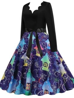 Women's Christmas Casual Dress Swing Dress Midi Dress Blue Purple Royal Blue Light Blue White Long Sleeve Santa Claus Elk Tree Bow Print Winter Fall V Neck Vacation Vintage 2022 S M L XL -Casual Print Dress Sales fsvqru1666927316260