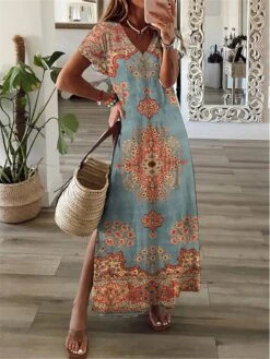 Women's Casual Dress A Line Dress Summer Dress Floral Split Print V Neck Long Dress Maxi Dress Fashion Streetwear Outdoor Daily Short Sleeve Regular Fit White Yellow Pink Summer Spring S M L XL XXL