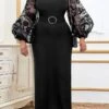 Women's Plus Size Curve Party Dress Black Dress Formal Dress Plain Long Dress Maxi Dress Long Sleeve Lace Stand Collar Fashion Party Black Fall Winter XL XXL 3XL 4XL