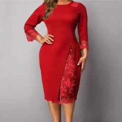 Women‘s Plus Size Curve Party Dress Solid Color Round Neck Lace 3 4 Length Sleeve Spring Fall Work Casual Prom Dress Knee Length Dress Casual Daily Dress -Casual Print Dress Sales ftnnxr1638524220708