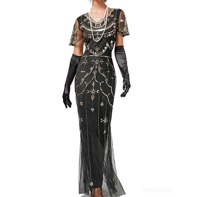 Women's Retro 1920s Sequin Dress Long Dress Maxi Dress Party Halloween Sequins Mesh Floral V Neck Short Sleeve Regular Fit Spring Fall 2023 Black Red XS S M L 6 Women's Retro 1920s Sequin Dress Long Dress Maxi Dress Party Halloween Sequins Mesh Floral V Neck Short Sleeve Regular Fit Spring Fall 2023 Black Red XS S M L - Image 6