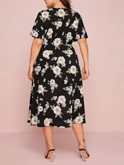 Women‘s Plus Size Curve Casual Dress A Line Dress Floral Dress Floral Midi Dress Short Sleeve Print V Neck Fashion Daily Black White Spring Summer L XL XXL 3XL -Casual Print Dress Sales fughfb1672800354768
