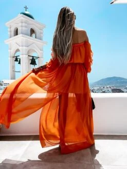 Women's Casual Dress Swing Dress Long Dress Maxi Dress Orange Green 3/4 Length Sleeve Pure Color Ruffle Summer Spring Off Shoulder Casual 2023 S M L XL -Casual Print Dress Sales fuguao1646211876410