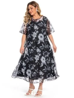 Women‘s Plus Size Curve Casual Dress Lace Dress Dress Set Floral Midi Dress 3/4 Length Sleeve Print Crew Neck Fashion Office Black Summer Spring L XL XXL 3XL 4XL -Casual Print Dress Sales fuimih1694770750875