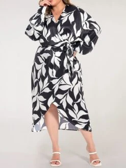 Women's Plus Size Curve Work Dress Satin Dress Wrap Dress Floral Midi Dress Long Sleeve Split V Neck Fashion Office Black Fall Winter L XL XXL 3XL 4XL