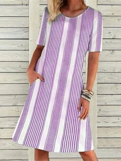 Women's Casual Dress T Shirt Dress Tee Dress Shift Dress Stripe Pocket Print Crew Neck Midi Dress Active Fashion Outdoor Daily Short Sleeve Loose Fit Blue Purple Green Spring Summer S M L XL XXL -Casual Print Dress Sales fvrlvt1673520795401