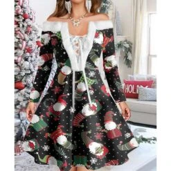 Women's Christmas Swing Dress Vintage Dress Mini Dress Green Light Green Wine Red Navy Blue White Long Sleeve Snowman Tree Snowflake Backless Feather Print Winter Fall Off Shoulder Vacation Stylish -Casual Print Dress Sales fvvcjw1667977595633