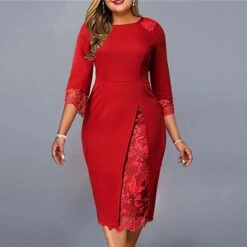 Women‘s Plus Size Curve Party Dress Solid Color Round Neck Lace 3 4 Length Sleeve Spring Fall Work Casual Prom Dress Knee Length Dress Casual Daily Dress -Casual Print Dress Sales fwlmyg1638524220366