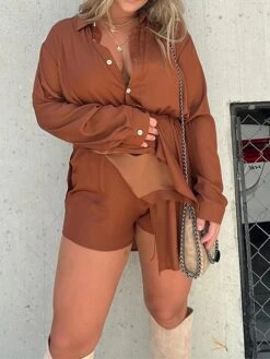 Women's Shirt Dress Casual Dress Mini Dress Outdoor Daily Date Polyester Fashion Casual Shirt Collar Lace Up Button Long Sleeve Fall Winter 2023 Loose Fit ArmyGreen Black Wine Pure Color S M L XL 2XL -Casual Print Dress Sales fwoksd1695644798930