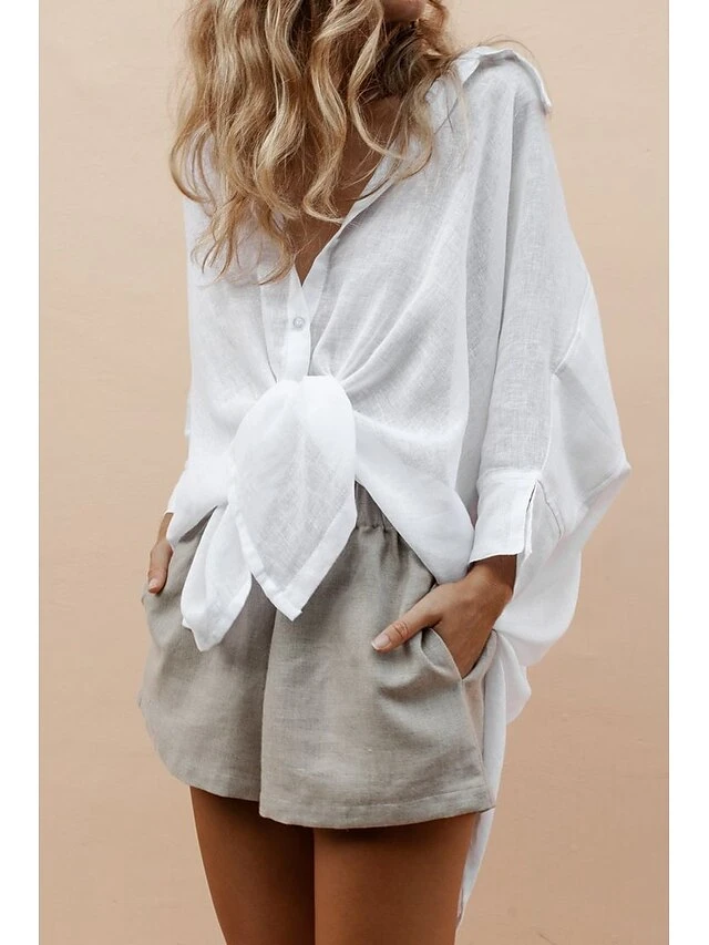 Women's Swimwear Cover Up Beach Top Swim Dress Normal Swimsuit Oversized Solid Color White Shirt Blouse Bathing Suits New Fashion Casual 3 Women's Swimwear Cover Up Beach Top Swim Dress Normal Swimsuit Oversized Solid Color White Shirt Blouse Bathing Suits New Fashion Casual - Image 3