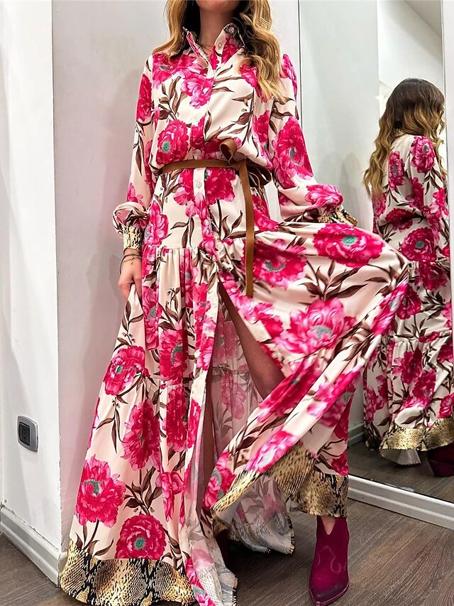 Women's Shirt Dress Casual Dress Swing Dress Maxi Long Dress Outdoor Daily Vacation Satin Fashion Modern Shirt Collar Button Split Long Sleeve Spring Fall 2023 Loose Fit Dark Pink Floral S M L XL 2XL 2 Women's Shirt Dress Casual Dress Swing Dress Maxi Long Dress Outdoor Daily Vacation Satin Fashion Modern Shirt Collar Button Split Long Sleeve Spring Fall 2023 Loose Fit Dark Pink Floral S M L XL 2XL - Image 2