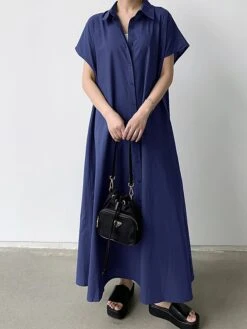 Women's Shirt Dress Casual Dress Maxi Long Dress Outdoor Daily Cotton Linen Basic Classic Shirt Collar Button Short Sleeve Summer Spring 2023 Loose Fit Navy Blue Brown Green Pure Color S M L XL XXL -Casual Print Dress Sales fxbujl1688542125270