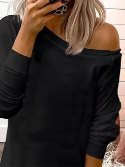 Women's Casual Dress Sweatshirt Dress Winter Dress Mini Dress Cold Shoulder Outdoor Street Daily Fashion Streetwear One Shoulder Long Sleeve 2023 Loose Fit Black Pink Color S M L XL Size -Casual Print Dress Sales fximqd1693987658030