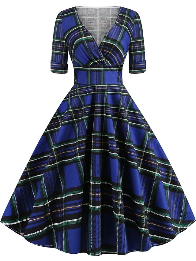 Women's Christmas Swing Dress Midi Dress Black Blue Red Short Sleeve Plaid Print Winter Fall Autumn V Neck 2022 S M L XL 2XL 3 Women's Christmas Swing Dress Midi Dress Black Blue Red Short Sleeve Plaid Print Winter Fall Autumn V Neck 2022 S M L XL 2XL - Image 3