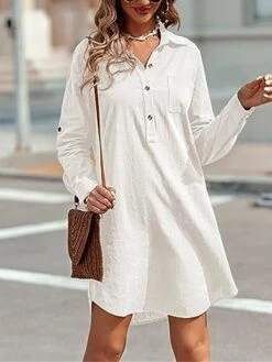 Women's Shirt Dress Casual Dress Mini Dress Outdoor Daily Cotton Linen Basic Classic Shirt Collar Button Pocket Long Sleeve Summer Spring Fall 2023 Loose Fit Black White Pink Pure Color S M L XL 2XL -Casual Print Dress Sales fxxehd1691465488698