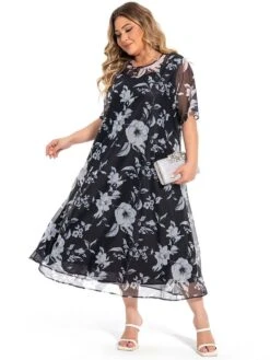 Women‘s Plus Size Curve Casual Dress Lace Dress Dress Set Floral Midi Dress 3/4 Length Sleeve Print Crew Neck Fashion Office Black Summer Spring L XL XXL 3XL 4XL -Casual Print Dress Sales fxxoug1694770751886