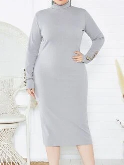 Women's Plus Size Curve Casual Dress Sweater Dress Bodycon Plain Midi Dress Long Sleeve Button Turtleneck Fashion Outdoor Wine Dark Blue Fall Winter XL XXL 3XL 4XL 5XL -Casual Print Dress Sales gahkvh1694489891047