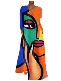 Women's Shift Dress Long Dress Maxi Dress Abstract Human Face (color) Abstract Human Face (orange) Abstract Human Face (pink) Short Sleeve Fall Spring Summer S M L XL XXL XXXL 4XL