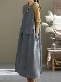 Women's Denim Dress Swing Dress Denim Overall Pinafore Dress Maxi Long Dress Cotton Denim Casual Daily Holiday Vacation Crew Neck Pocket Sleeveless Summer Spring 2023 Loose Fit Black Blue Pure Color -Casual Print Dress Sales gbaich1683095239390