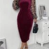 Women's Plus Size Curve Velvet Dress Casual Dress Winter Dress Plain Long Dress Maxi Dress Long Sleeve Mesh Patchwork Square Neck Fashion Outdoor Fuchsia Fall Winter L XL XXL 3XL 4XL
