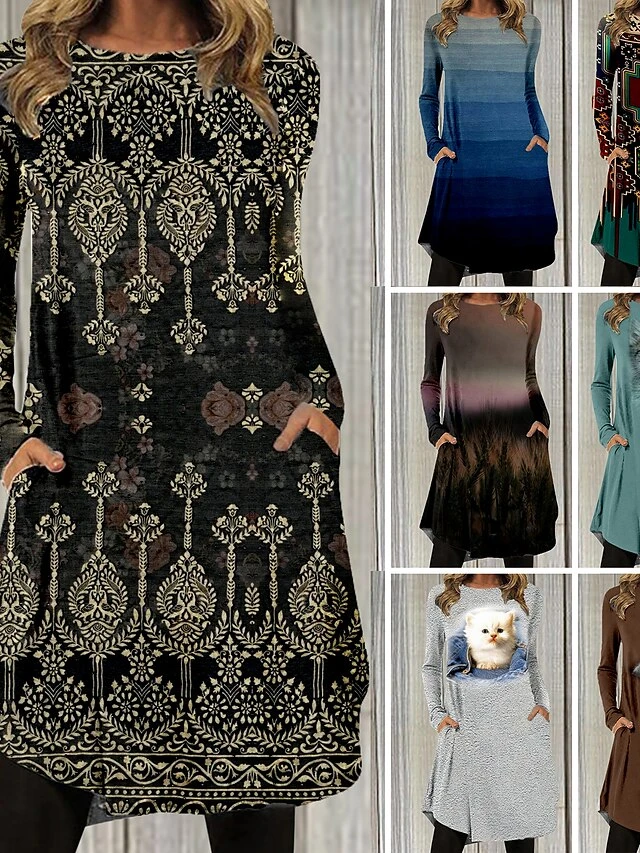 Women's Casual Dress Casual Dress T Shirt Dress Tee Dress Floral Paisley Pocket Print Crew Neck Mini Dress Fashion Outdoor Daily Long Sleeve Regular Fit Black Gray Black Wine Spring Fall S M L XL XXL 1 Women's Casual Dress Casual Dress T Shirt Dress Tee Dress Floral Paisley Pocket Print Crew Neck Mini Dress Fashion Outdoor Daily Long Sleeve Regular Fit Black Gray Black Wine Spring Fall S M L XL XXL