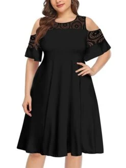 Women‘s Plus Size Curve Casual Dress Solid Color Crew Neck Lace Half Sleeve Fall Spring Casual Knee Length Dress Casual Daily Dress -Casual Print Dress Sales gbxcgc1656060137212