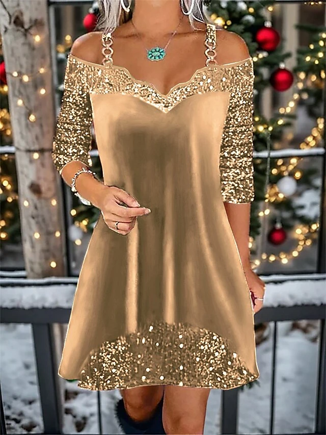 Women's Christmas Dress Velvet Dress Casual Dress Mini Dress Sequins Cold Shoulder Christmas Street Daily Fashion Streetwear V Neck Long Sleeve 2023 Regular Fit Wine Gold Green Color S M L XL XXL Size 4 Women's Christmas Dress Velvet Dress Casual Dress Mini Dress Sequins Cold Shoulder Christmas Street Daily Fashion Streetwear V Neck Long Sleeve 2023 Regular Fit Wine Gold Green Color S M L XL XXL Size - Image 4