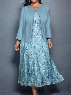 Women's Plus Size Curve Casual Dress Dress Set Two Piece Dress Floral Midi Dress Long Sleeve Print Crew Neck Mature Outdoor Blue Sky Blue Fall Winter L XL XXL 3XL 4XL
