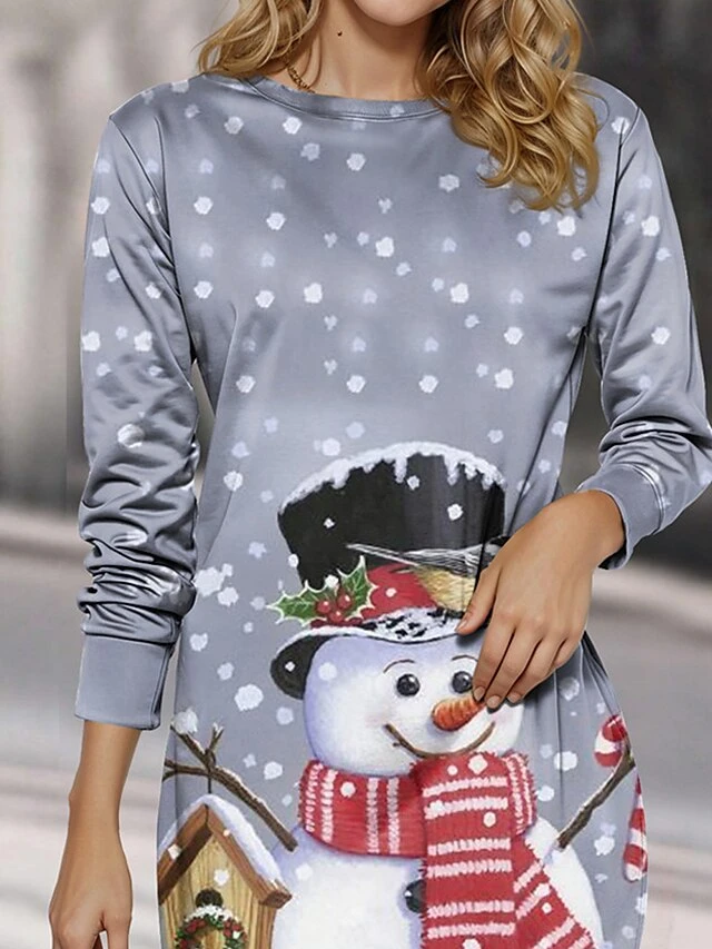 Women's Christmas Dress Casual Dress Mini Dress Warm Fashion Outdoor Christmas Vacation Crew Neck Print Snowman Regular Fit Gray S M L XL XXL 2 Women's Christmas Dress Casual Dress Mini Dress Warm Fashion Outdoor Christmas Vacation Crew Neck Print Snowman Regular Fit Gray S M L XL XXL - Image 2