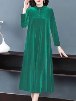 Women's Party Dress Velvet Dress Emerald Green Dress Midi Dress Black Wine Purple Long Sleeve Pure Color Button Fall Spring Crew Neck Stylish Winter Dress Weekend Fall Dress 2023 M L XL XXL 3XL 4XL