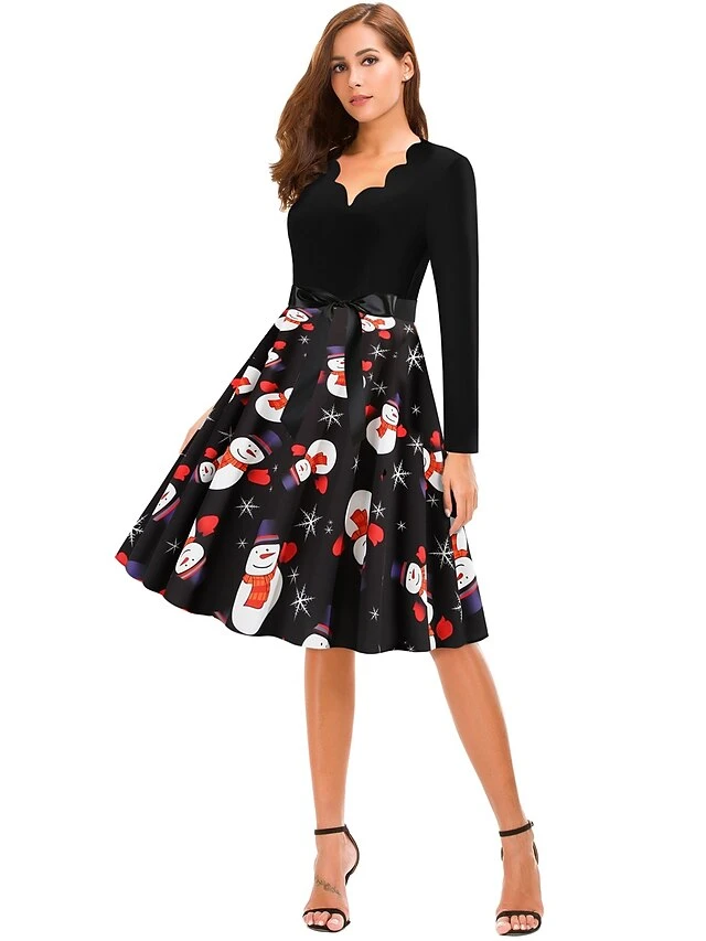 Women's Christmas Knee Length Dress Black Long Sleeve Print Print Winter V Neck Active3D Print S M L XL XXL XXXL 3 Women's Christmas Knee Length Dress Black Long Sleeve Print Print Winter V Neck Active3D Print S M L XL XXL XXXL - Image 3