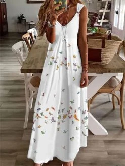 Women's Long Dress Maxi Dress Casual Dress A Line Dress Summer Dress Butterfly Casual Modern Daily Holiday Vacation Print Sleeveless V Neck Dress Regular Fit White Summer Spring S M L XL XXL