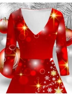 Women‘s Christmas Blue Red Long Sleeve Elk Print Winter Autumn V Neck Fashion Daily Weekend Loose Fit 2022 S M L XL 2XL 3XL 4XL 5XL 6XL -Casual Print Dress Sales genvwt1667638846358