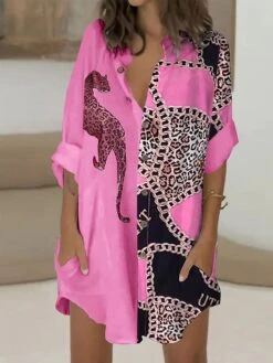 Women's Shirt Dress Casual Dress Shift Dress Mini Dress Outdoor Daily Date Polyester Basic Classic Shirt Collar Button Print Long Sleeve Spring Fall Winter 2023 Loose Fit Rose Red Animal S M L XL