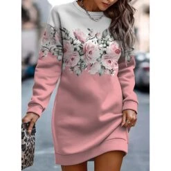 Women's Casual Dress Sweatshirt Dress Mini Dress Warm Fashion Outdoor Holiday Vacation Crew Neck Print Floral Geometric Loose Fit Yellow Pink Royal Blue S M L XL XXL -Casual Print Dress Sales gfihxv1692942353590