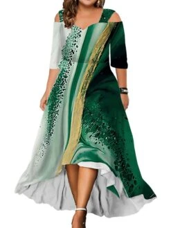 Women‘s Plus Size Curve Party Dress Wedding Guest Dress Swing Dress Long Dress Maxi Dress Pink Blue Green 3/4 Length Sleeve Leaf Cold Shoulder Summer Spring Fall V Neck Fashion Birthday Wedding Guest