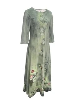 Women's Casual Dress Summer Dress Print Dress Floral Ruched Print Crew Neck Midi Dress Active Fashion Outdoor Daily 3/4 Length Sleeve Regular Fit Dark Green Purple Fuchsia Summer Spring S M L XL XXL -Casual Print Dress Sales gfuuin1693539323965