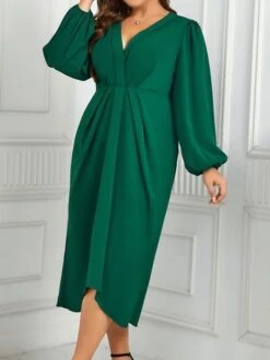 Women's Plus Size Curve Casual Dress A Line Dress Plain Midi Dress Long Sleeve Ruched V Neck Fashion Outdoor Green Fall Winter XL XXL 3XL 4XL -Casual Print Dress Sales gggbsw1695279806307