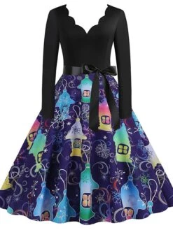 Women's Christmas Casual Dress Swing Dress Midi Dress Blue Purple Royal Blue Light Blue White Long Sleeve Santa Claus Elk Tree Bow Print Winter Fall V Neck Vacation Vintage 2022 S M L XL -Casual Print Dress Sales giacdq1666927315925