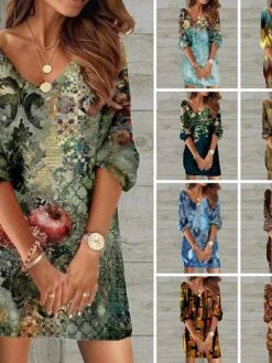 Women's Casual Dress Ethnic Dress Shift Dress Mini Dress Black Wine Red 3/4 Length Sleeve Floral Print Spring Fall Winter V Neck Fashion Loose Fit 2023 S M L XL XXL 3XL 4XL 5XL