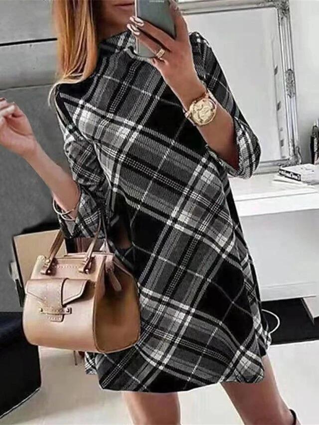 Women's T Shirt Dress Casual Dress Shift Dress Plaid Print Stand Collar Mini Dress Active Fashion Outdoor Daily Long Sleeve Loose Fit Red Khaki Gray Fall Winter S M L XL XXL 3 Women's T Shirt Dress Casual Dress Shift Dress Plaid Print Stand Collar Mini Dress Active Fashion Outdoor Daily Long Sleeve Loose Fit Red Khaki Gray Fall Winter S M L XL XXL - Image 3